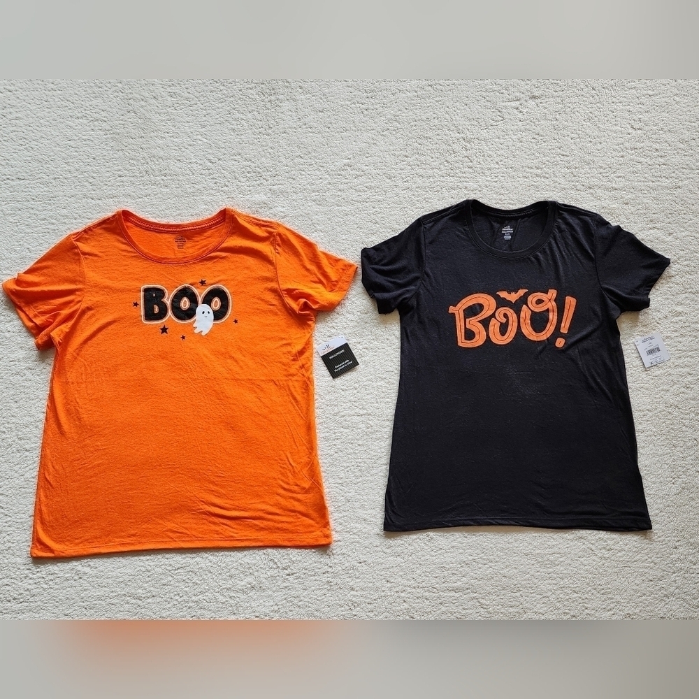 New women's Halloween t-shirt bundle Size XXL, black BOO bat & orange BOO ghost